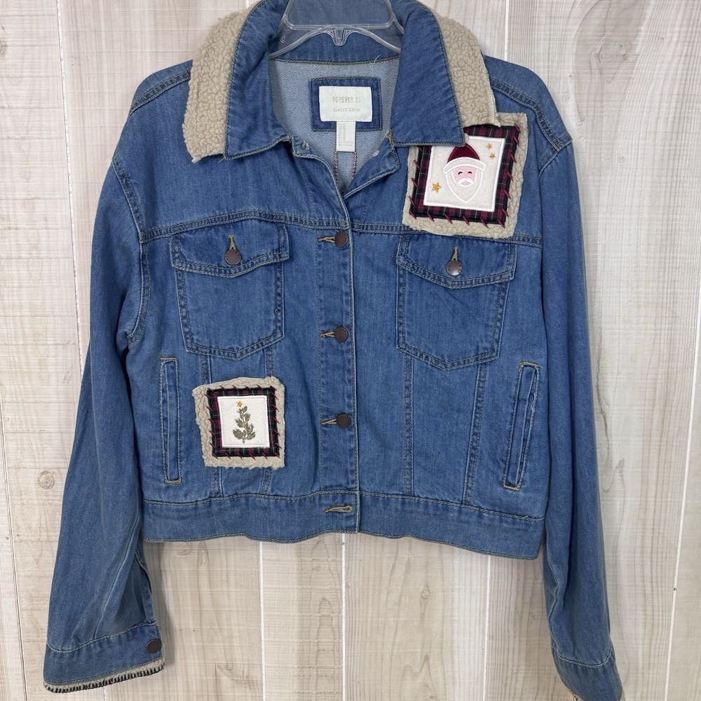 Forever 21 Denim/Jean Jacket Christmas Theme Holiday NWT Medium Womens